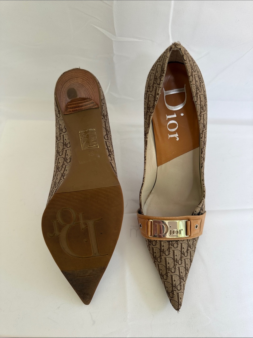 Dior Brown Monogram Pointed-Toe Pumps with Tan Strap - Picture 2 of 4